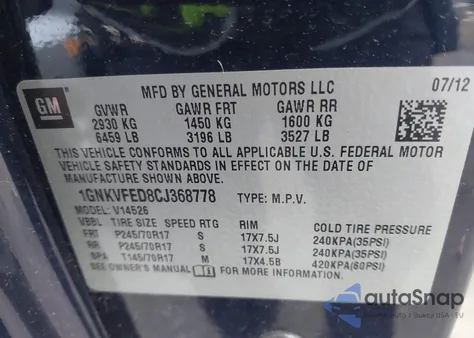 2012 Chevrolet Traverse Ls z USA, uszkodzony, nr VIN 1GNKVFED8CJ368778